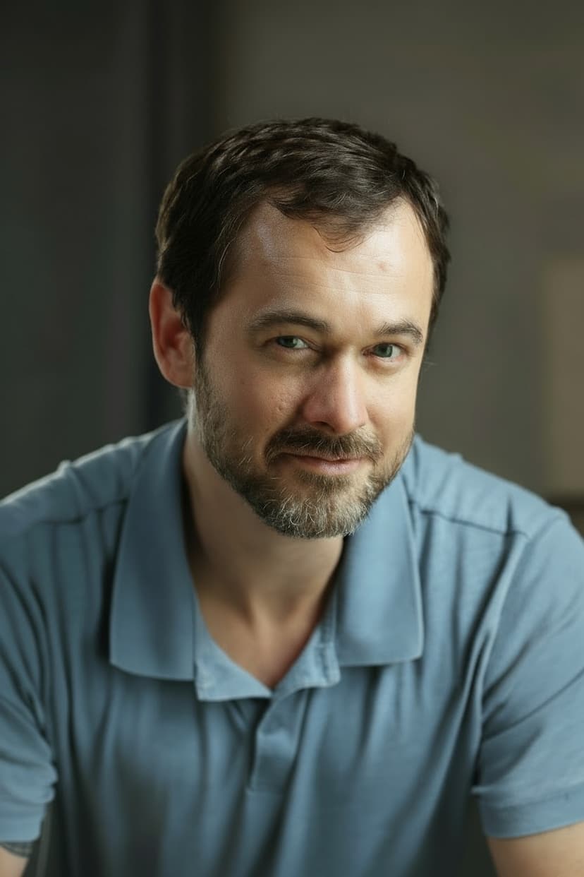 A professional headshot of a man in his forties with short brunette hair and a beard. He is wearing a teal blue polo shirt and has a warm, attentive expression.